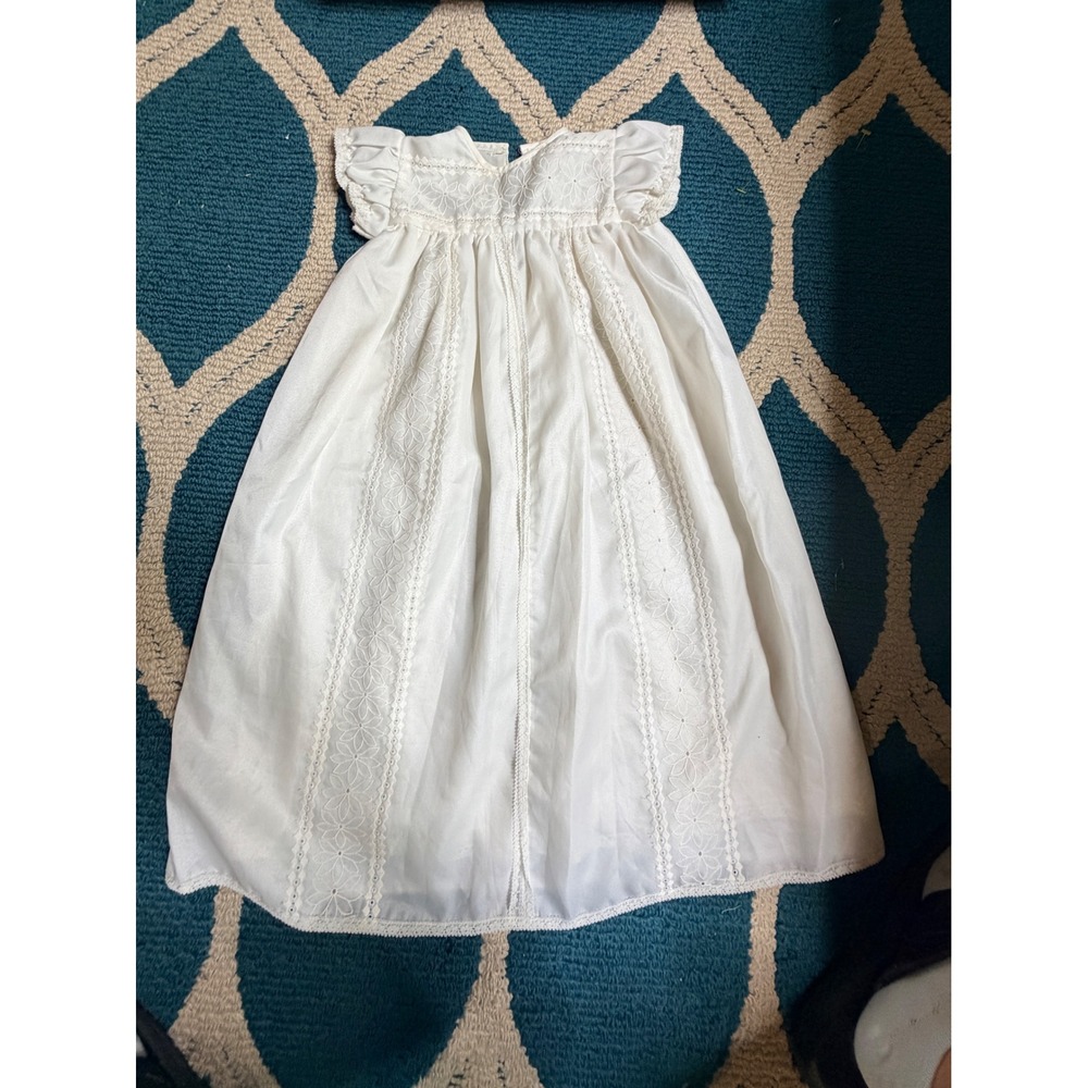 Vintage White Christening Gown Floral Eyelet Baptism Dress Made in England 27in